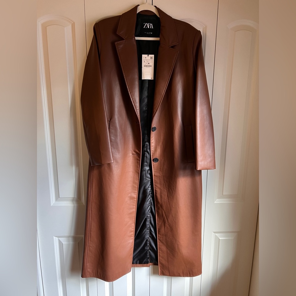 Zara Brown Faux Leather Long Coat NWT Size L | Quiet Luxury Trench Duster - Picture 3 of 5